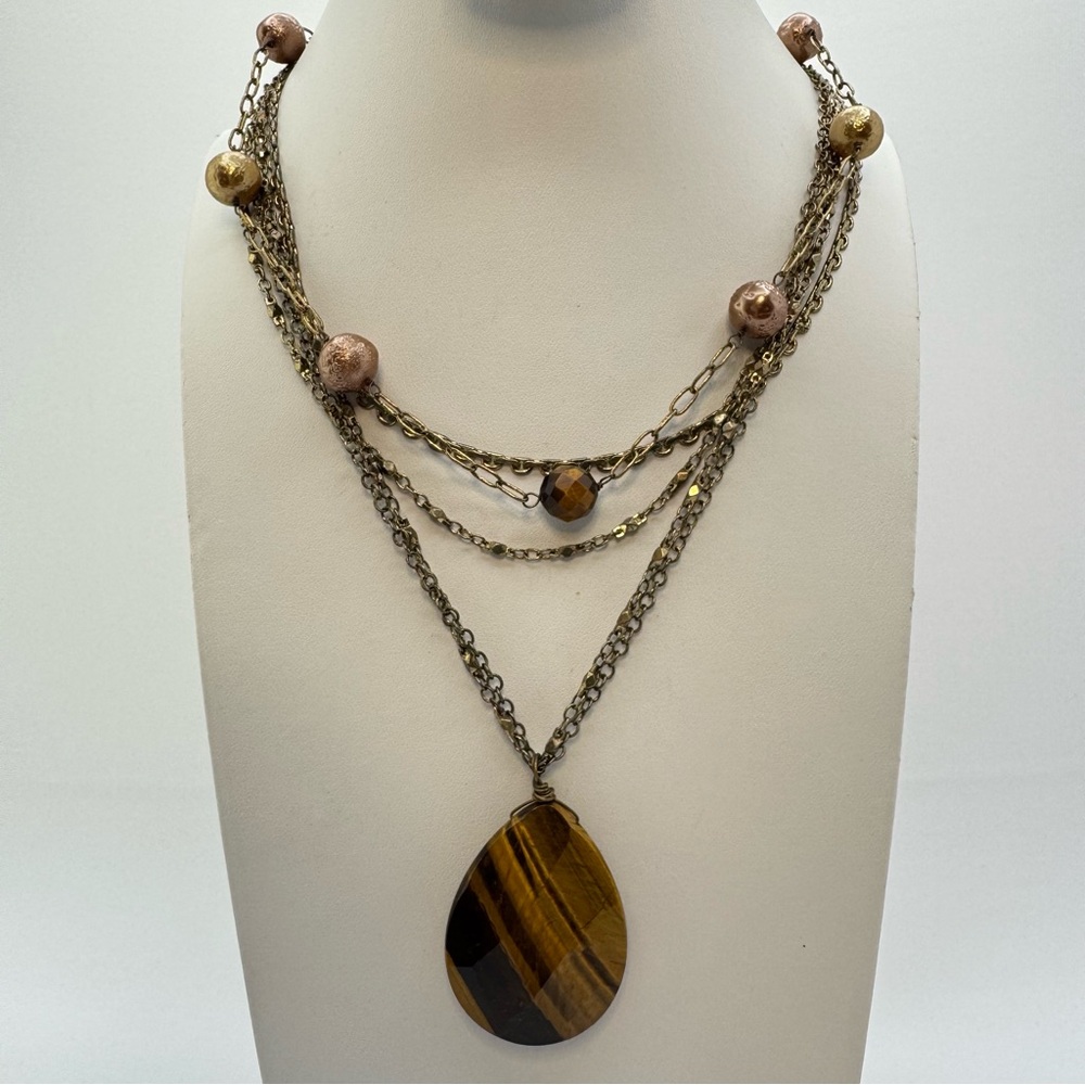 Gold Tone Tiger’s Eye Layered Necklace Teardrop Pendant Boho Chic Festival